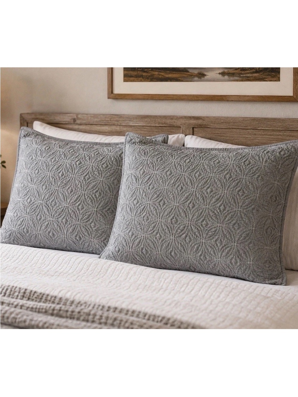 Pillow Sham Fieldcrest Luxury Set 2 Quilted Gray Cotton Queen